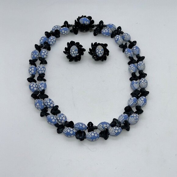 Vintage West Germany Blue & Black Easter Egg Bead Necklace Box Clasp Clip-On - Picture 11 of 16